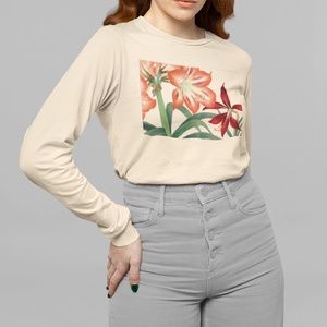 Japanese Amaryllis Flower Ukyio-e Print Long Sleeve Graphic Tee T-shirt S M L XL